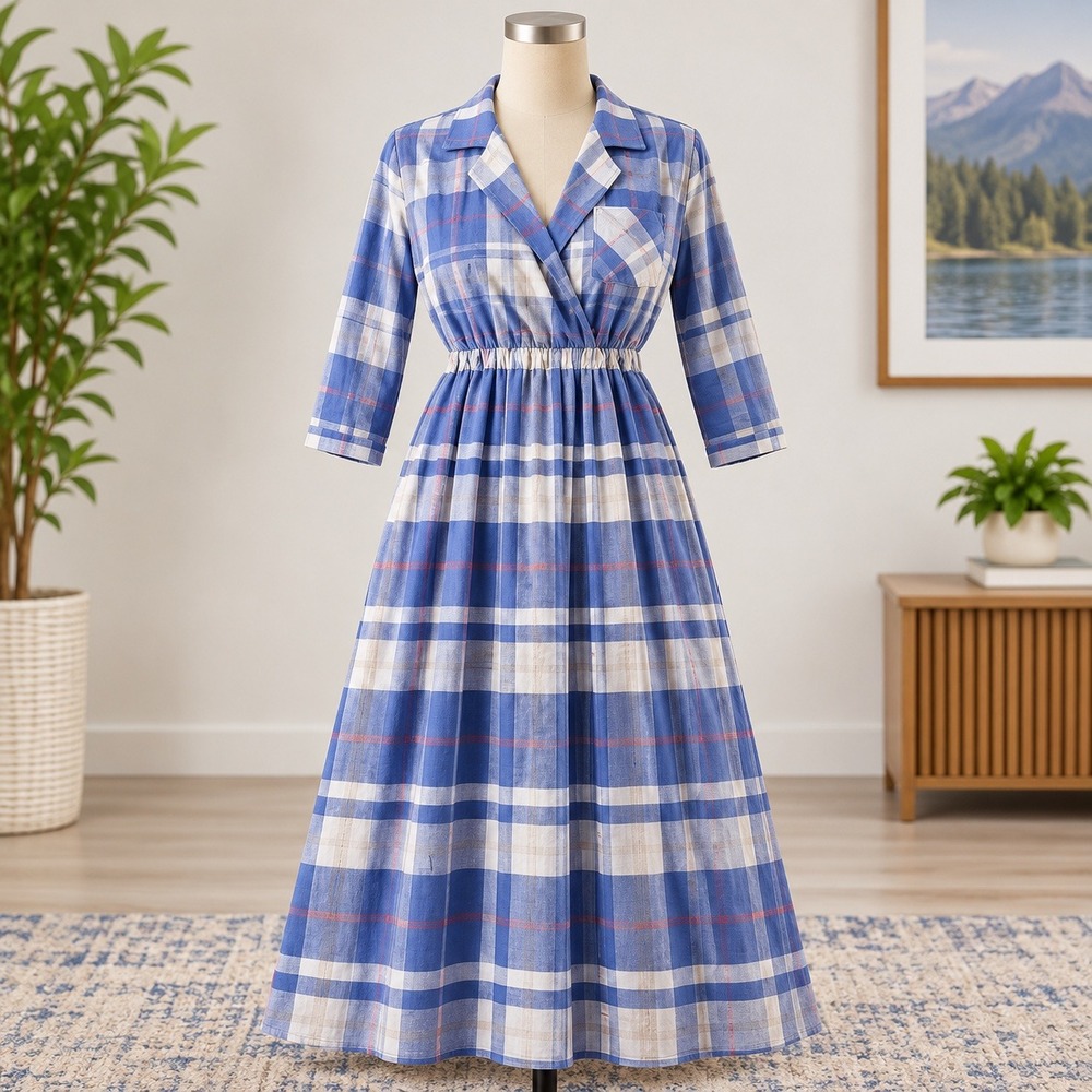 John Richard of California Plaid Midi Dress Womens Blue White Vintage 3233